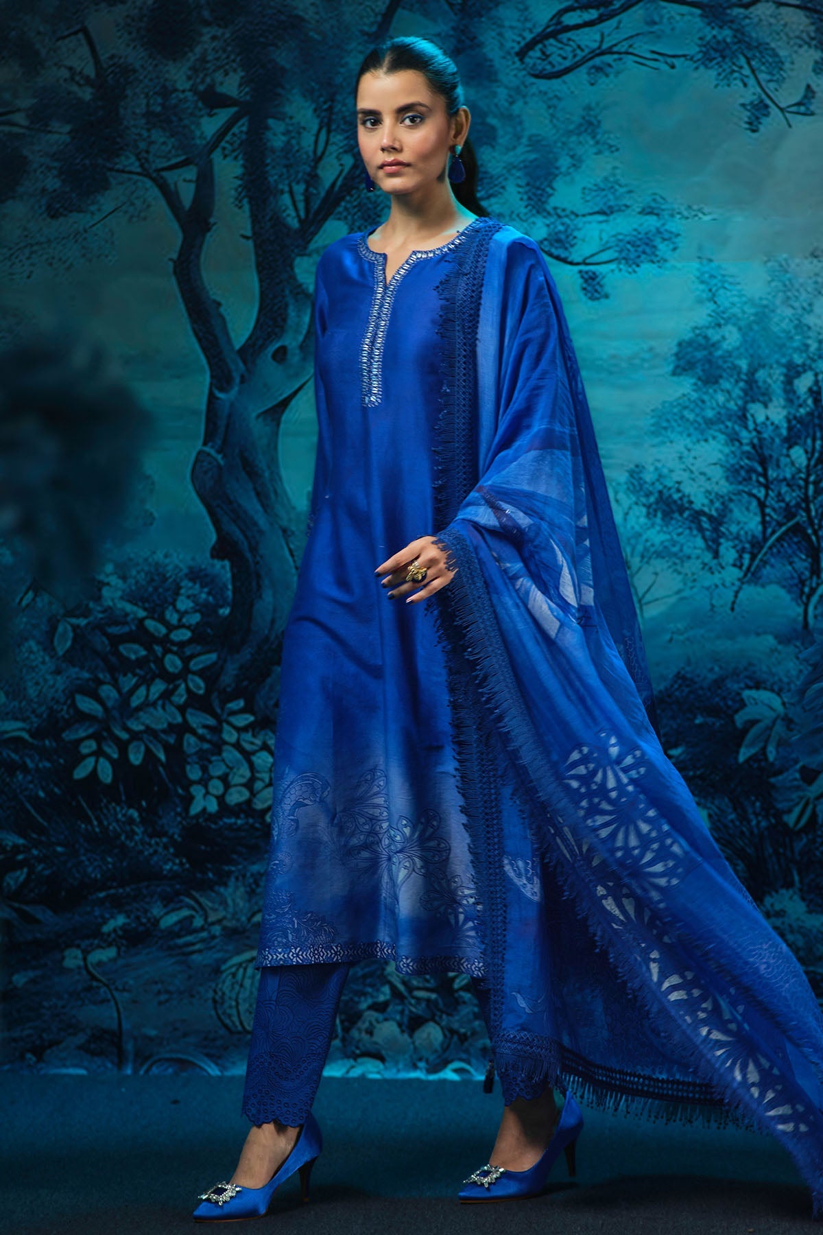 Buy Indigo Print Chanderi Kurta Set by Mandira Wirk for women online at ScrollnShops